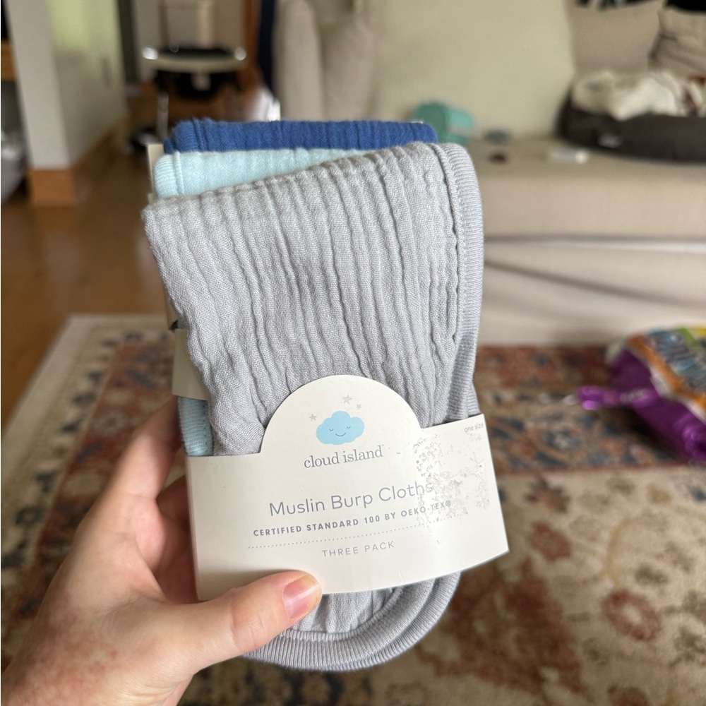 Cloud Island Baby Newborn Muslin Burp Cloths - Gray, Light Blue, Navy (3-Pack)